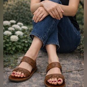 Lucky Brand Womens Adalyn Leather Open Toe Beach Slide Brown Size 6.5M EU37 EUC